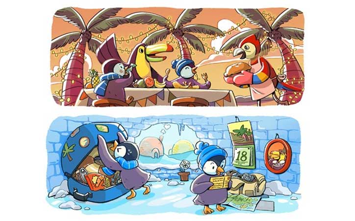 Google celebrates 2017 December Global Festivities with cute penguin-parrot family Doodle