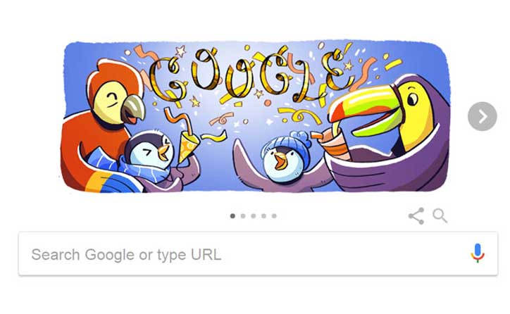 Google celebrates New Year's eve 2017 penguins and parrots doodle 