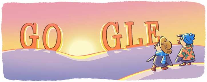 Google welcoming 2018 with a special penguins Sunrise New Year's Day Doodle
