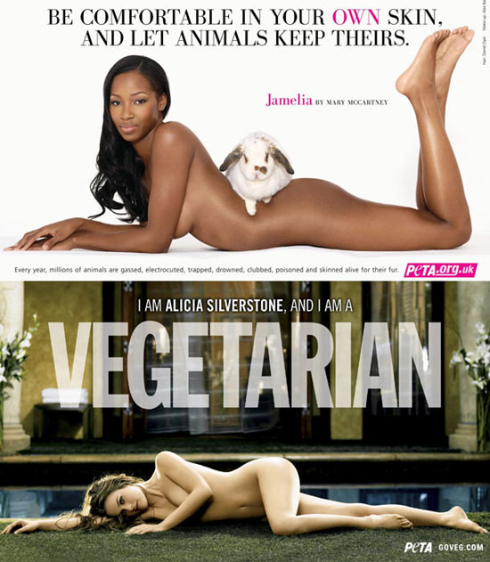 UK singer Jamelia nude with the caption 'Be Comfortable in Your Own Skin and Let Animals Keep Theirs' and Actress Alicia Silverstone laid out bare beside a swimming pool. 