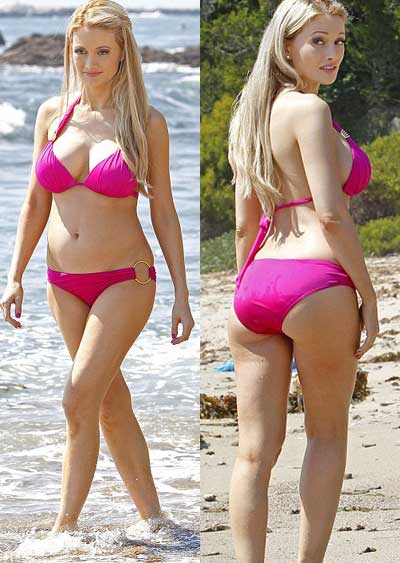 Playboy star Holly Madison shows her growing bump in pink bikini