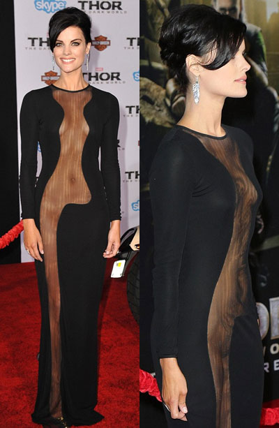 Jaimie Alexander wardrobe malfunction at Thor premiere, her dress slashed from cleavage to ankle