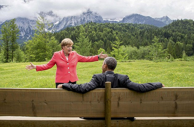 Angela Merkel and Barack Obama hanging out at the G-7 summit