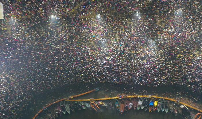Kumbh mela at Prayagraj satellite night image, a sea of devotees at the holy river front 