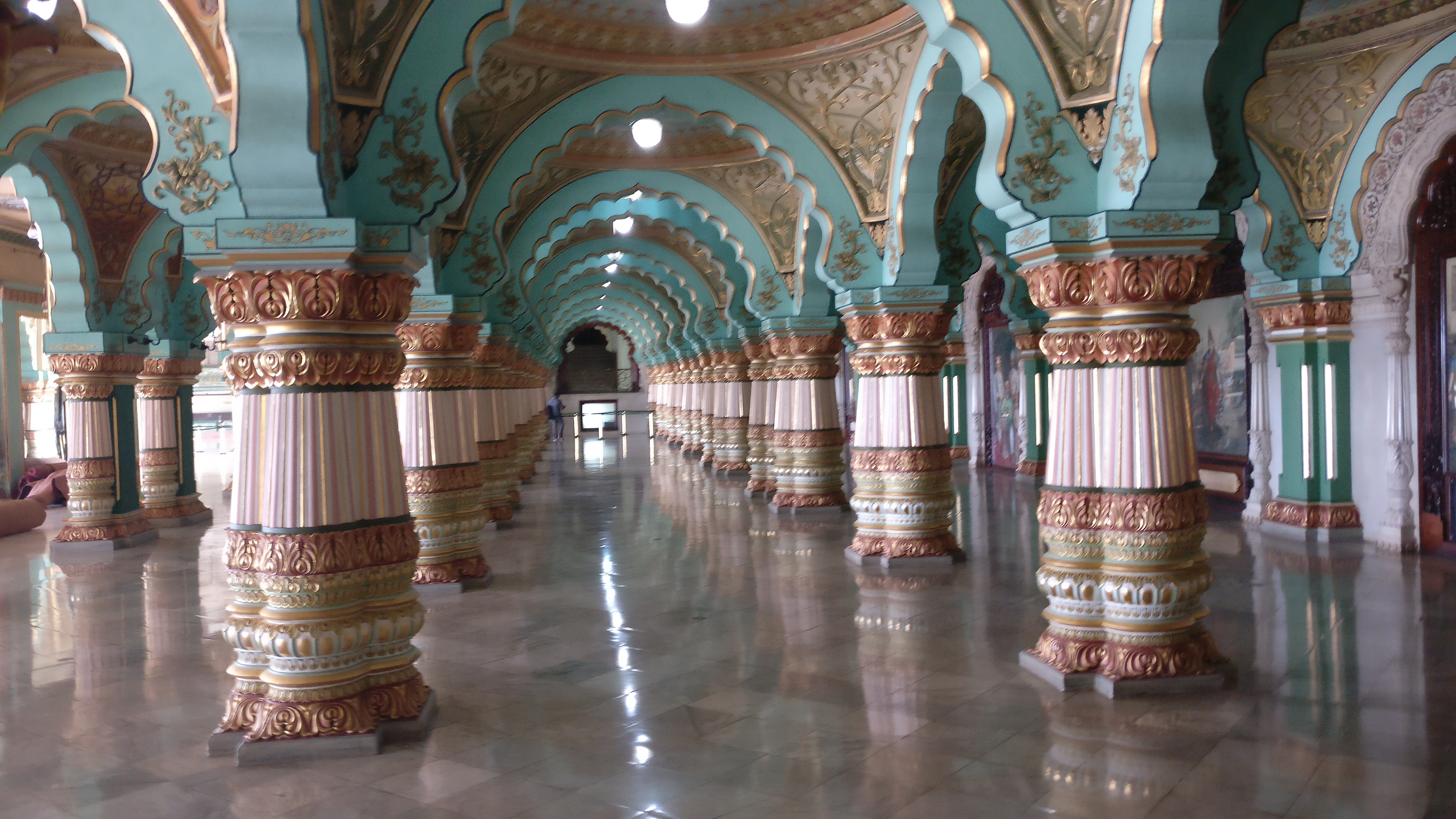 Magnifient painted Pillars are a geometrical wonder in Mysore Palace 