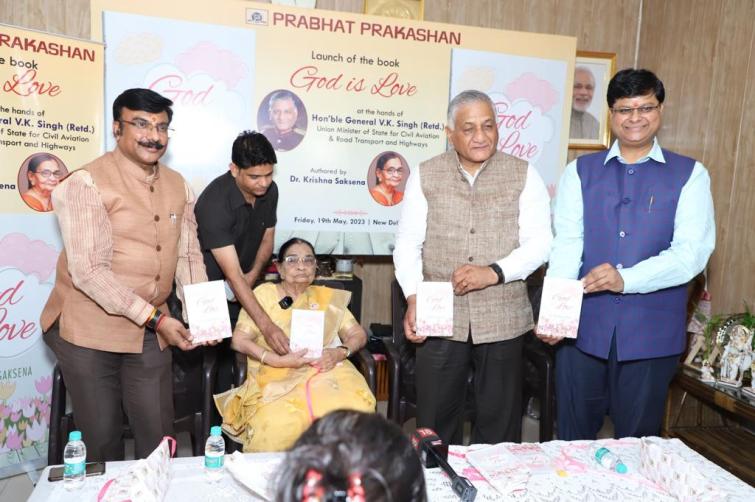 General Dr VK Singh releases book God is Love by Krishna Saksena
